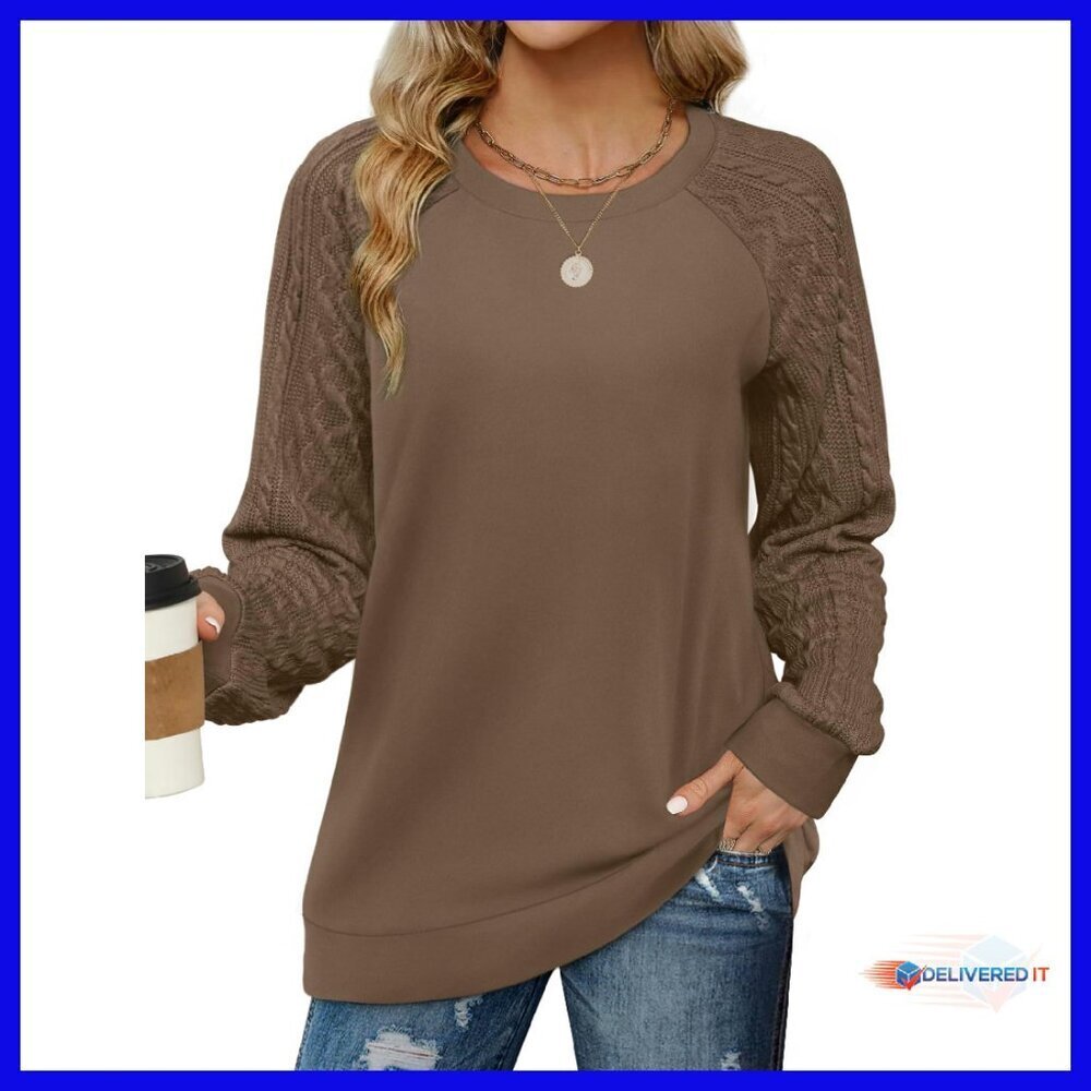 Cable Knit Sleeve Sweatshirt Lightweight Cozy Tunic Loose Fit